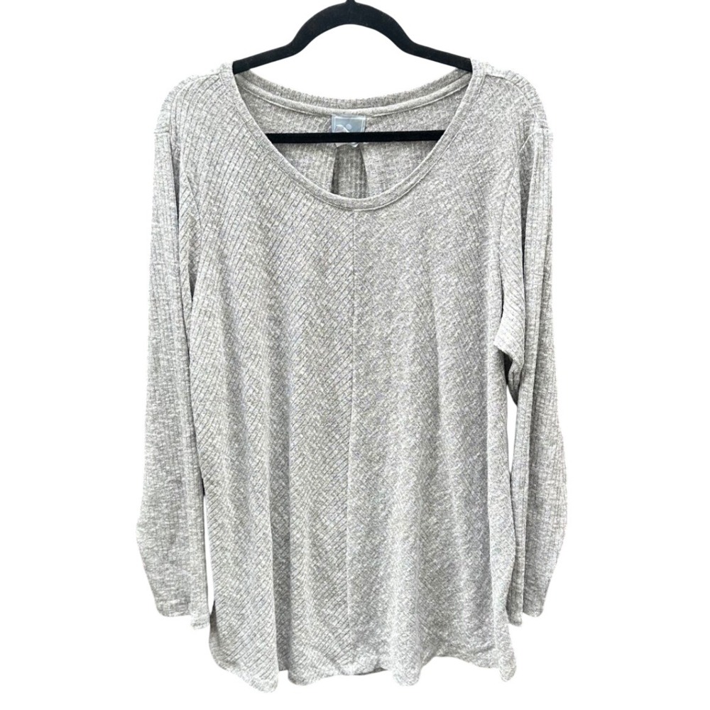 Sunday Heather Grey Ribbed Long Sleeve Pleated Back Top Women 2X